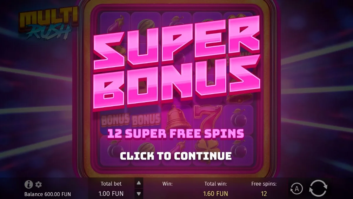 Tampilan visual neon dari slot Multi Rush dengan simbol buah klasik dan elemen arcade.