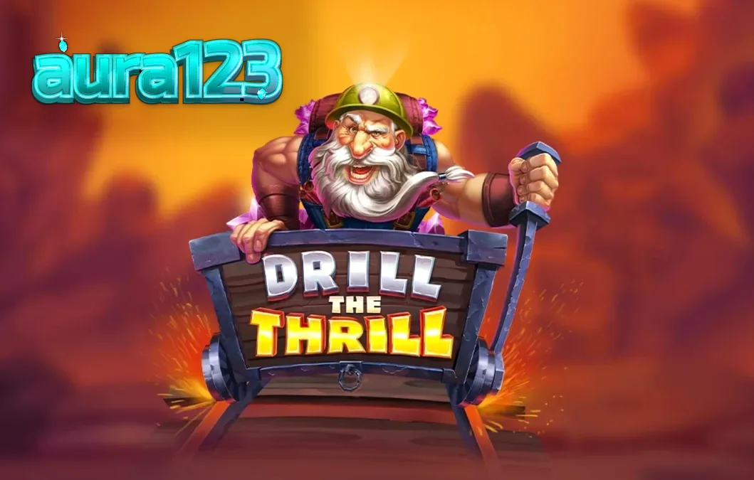 Tampilan visual mesin slot Drill The Thrill dengan tema pertambangan dan peralatan bor industri.