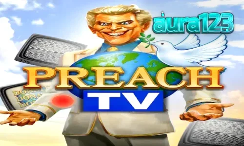 Tampilan layar permainan slot Preach TV dengan tema studio televisi retro